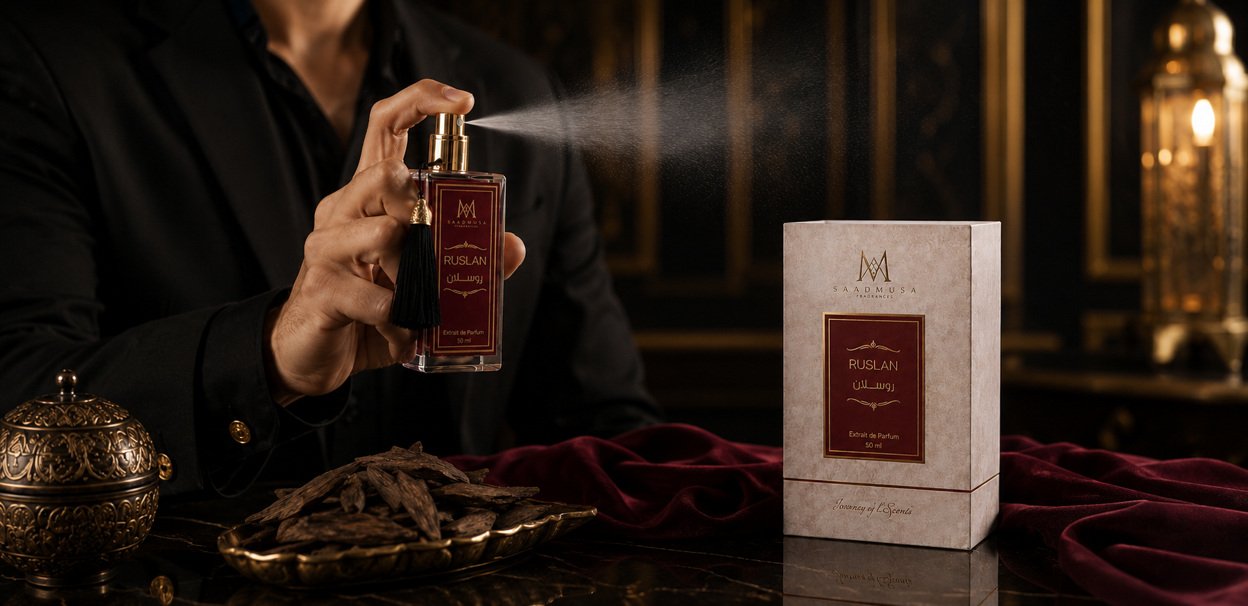 Ruslan perfume being sprayed beside its Saad Musa presentation box